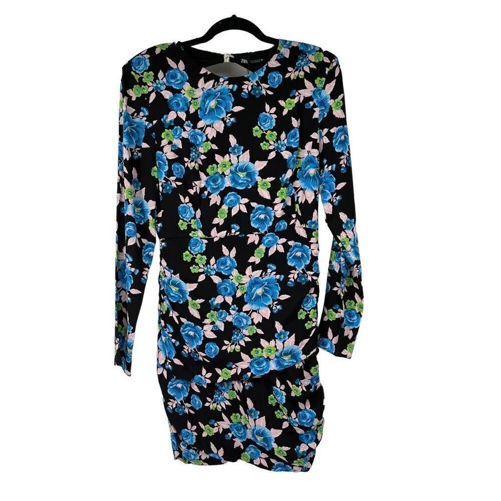 Zara Black Blue Floral Open Back Long Sleeve Dress Womens XL NWT